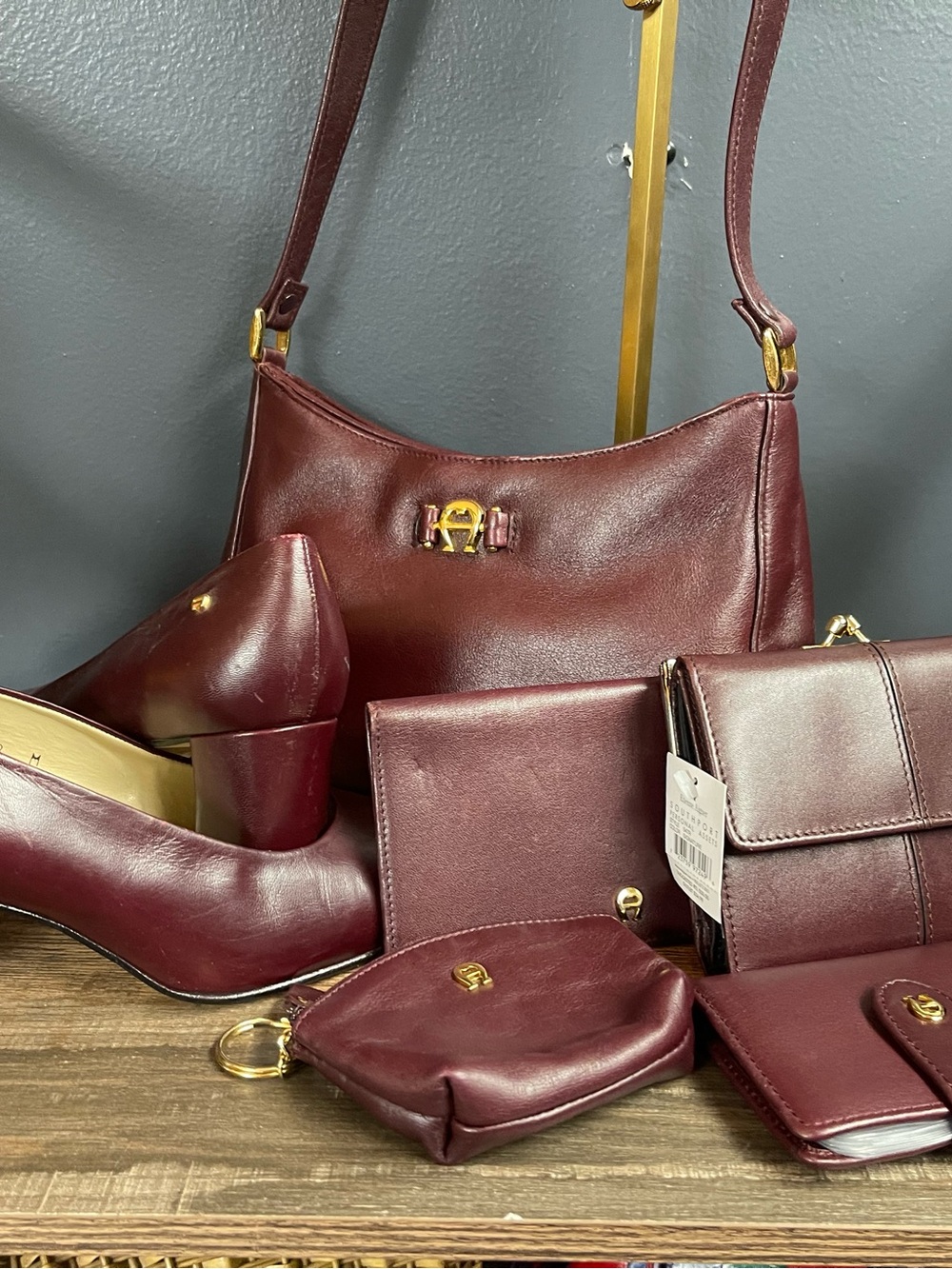 Women’s Burgundy Leather Shoulder Bag with Matching Accessories